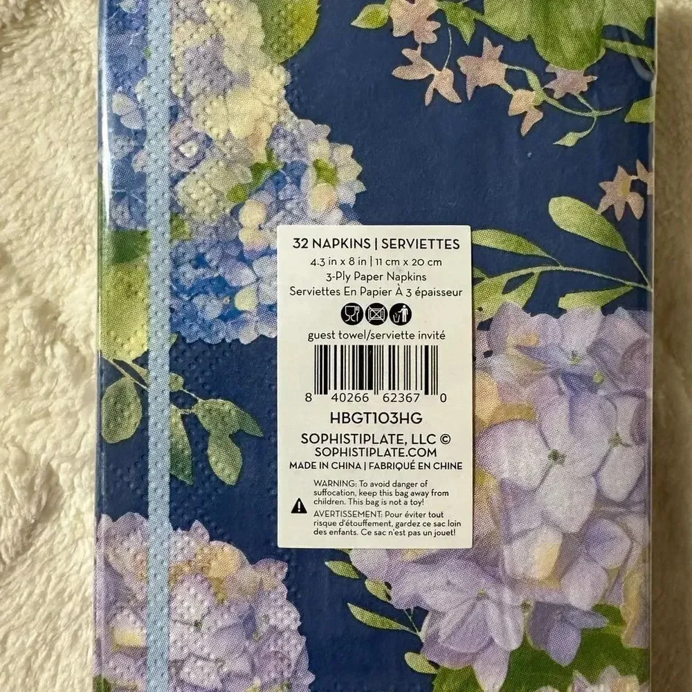 SOPHISTIPLATE 32 x 2pk Hydrangea Guest Paper Towel Napkins Blue Lavender Green
